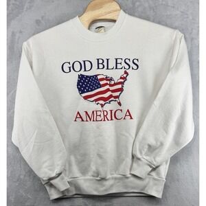 Vintage Jerzees White God Bless America Crewneck Sweatshirt Men's Size L